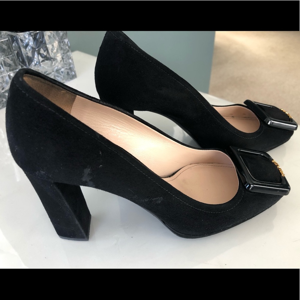 PRADA BLACK SUEDE BLACK PILGRIM BUCKLE HEELS